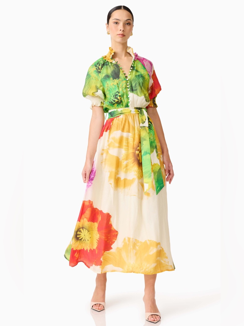 ELLIATT Lilia Puff Sleeve Maxi Dress in Floral Multi wedding Guest Size S NWT - Picture 1 of 9
